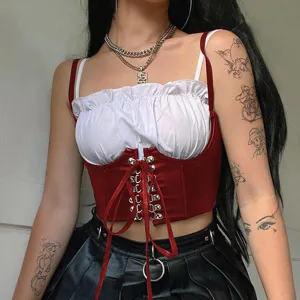 Dark Style PU Leather Corset Top Women Gothic Lace Up Bustier Casual Streetwear Sleeveless Crop Top Camisole
