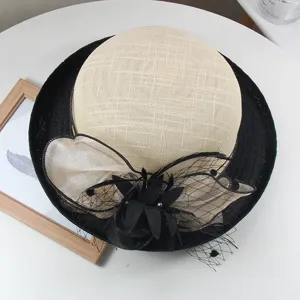 Γυναικείο καλοκαιρινό λινό βρετανικό vintage Hepburn καπέλο μόδας κομψός φιόγκος λεπτομέρεια