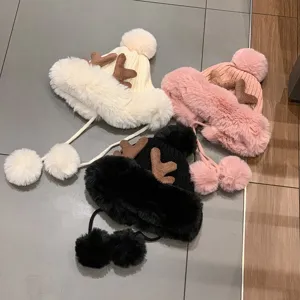 Joli bonnet en peluche tricoté avec rabats d'oreilles de renne pour femme, chapeau chaud pompon.