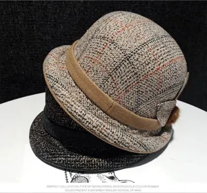 Women vintage plaid bowler hat autumn winter warm rolled brim chic elegant french bucket hat