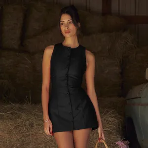 Vestito Mini Bodycon Senza Maniche con Bottoni Elegante da Donna Tinta Unita Girocollo Estate Vita Stretta Vestito Sexy Slim Fit