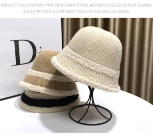 Knitted bucket hat for women, autumn and winter thick warm plush fisherman hat detail view.