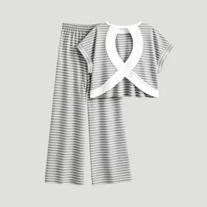 Grijs gestreepte uitsnijding top en wijde broek set voor dames casual zomer loungewear kleding.