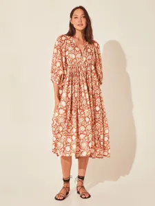 Floral midi dress detail featuring V-neck, bubble sleeves, and stylish lace-up front design.