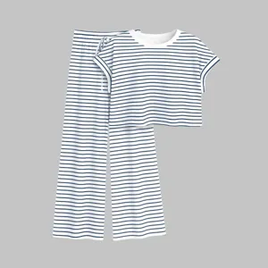 Dames blauw wit gestreepte korte mouw top en wijde broek loungewear set zomer casual.