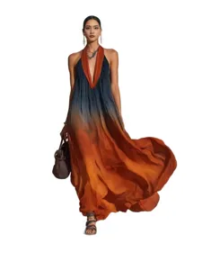 Women Halter Gradient Long Dress Boho Sleeveless Beach Vacation Maxi Dress for Summer 2026