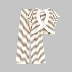 Dames bruin wit gestreepte tweedelige set korte mouw top en wijde broek zomer casual chic outfit