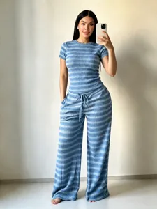 Blue striped knitted short sleeve top and wide leg pants two-piece set for women summer.
