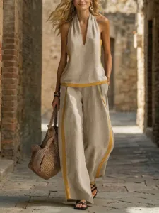 Set casual in lino a due pezzi, top halter senza maniche e pantaloni ampi dettaglio.