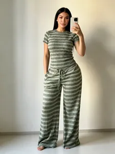 Women summer casual striped knit short sleeve top and wide leg pants two piece set