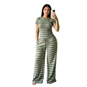 Women striped knit short sleeve top and wide leg pants set summer casual two piece outfit