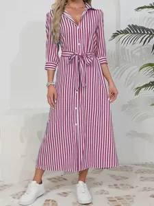 Vestido camisero de rayas con cinturón, maxi vestido casual para playa y ocio.