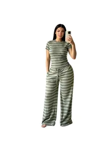 Women striped knit short sleeve top and wide leg pants casual summer two piece set outfit.