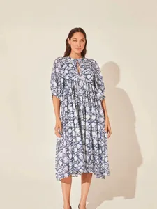 Women Casual Floral Print Midi Dress V-Neck Tie Up Lantern Sleeve Boho Beach Vacation Dress Party Sundress