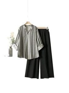 Women summer casual two-piece set V-neck striped shirt and black wide-leg pants outfit.