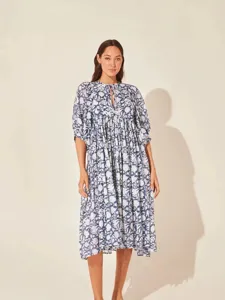 Chic Floral Print V-Neck Tie Puff Sleeve Midi Dress Beach Vacation Summer Outfit