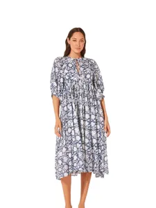 Blue floral v-neck puff sleeve boho midi dress for women summer beach vacation wear
