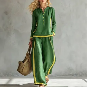 Conjunto de top de manga larga y pantalón ancho verde y amarillo contrastante, lino.