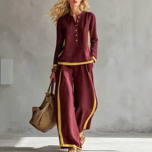 Conjunto dos piezas mujer lino top manga larga y pantalones anchos contraste casual