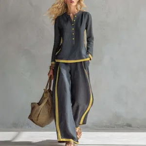 Conjunto de dos piezas de mujer casual con bloque de color top manga larga y pantalon.