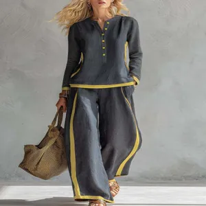 Conjunto casual de dos piezas para mujer, top de manga larga y pantalón ancho a rayas