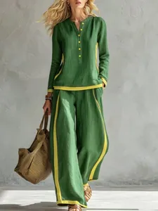 Estilo europeo color de contraste aspecto lino manga larga pantalón ancho conjunto