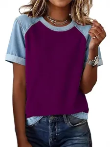 T-shirt Décontracté en Polyester pour Femmes Col Rond Manches Courtes Top Impression Numérique 3D Style Patchwork Denim
