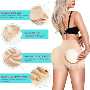 Comfortable high waist shapewear shorts with removable butt pads and elegant lace design.