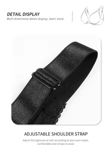Primo piano della bretellina nera regolabile del reggiseno, tessuto elastico e cursore.
