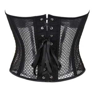 Detailed view of a black mesh corset top featuring a lace-up ribbon back and breathable fabric.