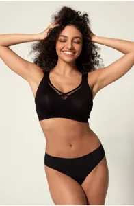 Set lingerie da donna con reggiseno e mutandine senza cuciture nero con dettagli in rete incrociata.