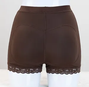 Brown padded shapewear shorts for women butt lifter control panties with lace trim.
