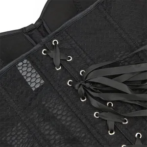 Black mesh corset top with cups and lace-up ribbon detail, breathable summer waist shaper.