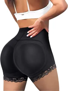 High waist black butt lifter shapewear shorts with hip pads and lace trim sexy body shaper