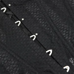 Close-up detail of black mesh corset top, showing breathable texture and metal hooks.