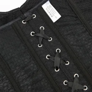 Black corset top detail featuring mesh fabric, metal eyelets, and satin lace-up closure.