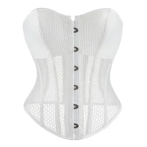 White mesh corset top for women, breathable summer bustier with front metal clasps and shaping.