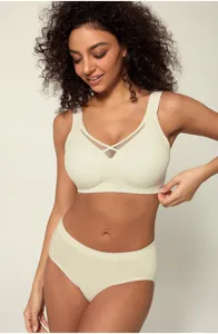 Vista dettagliata del set reggiseno jelly e slip senza cuciture con spalline larghe in beige.