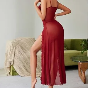 Sexy sheer red long sleepwear with high slit and lace trim for women alluring nightgown