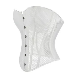Detail view of breathable white mesh corset showing fabric texture and metal busk hooks.