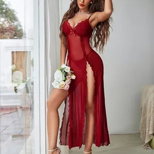 Sexy red sheer lace long nightgown with high slit and deep V-neck for women sleepwear