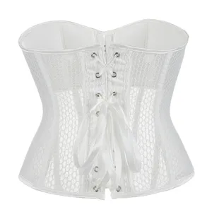 Close-up detail of white mesh corset top featuring delicate front ribbon lacing and eyelets.