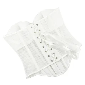 Detailed view of white mesh lace-up corset top with built-in cups and breathable summer design.