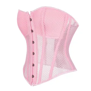 Detailed view of pink mesh corset top with underwire cups and front metal clasps.