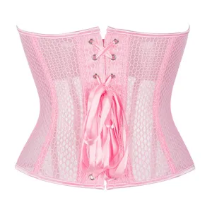 Detailed view of pink mesh corset top with satin ribbon lacing, breathable summer shapewear.
