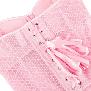 Pink mesh corset top detail featuring metal eyelets and satin lace-up back design.