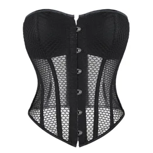 Black mesh corset top with built-in cups and front closure, breathable summer shaping wear.