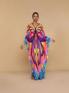 Böhmischer bunter 3D Schmetterlingsdruck langes Kaftan Kleid Damen Urlaub Strandkleidung