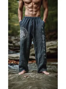 Men's Vintage Viking Rune Print Slub Linen Lantern Pants Ethnic Loose Harem Trousers With Drawstring Waist Casual Graphic Outdoor Pants