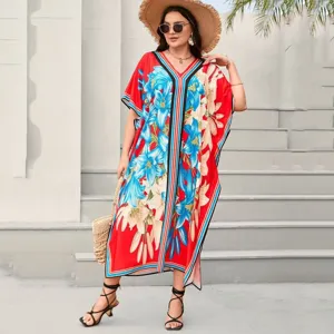 Bohemian 3D floral print long kaftan dress, loose resort sun protection beach cover-up.